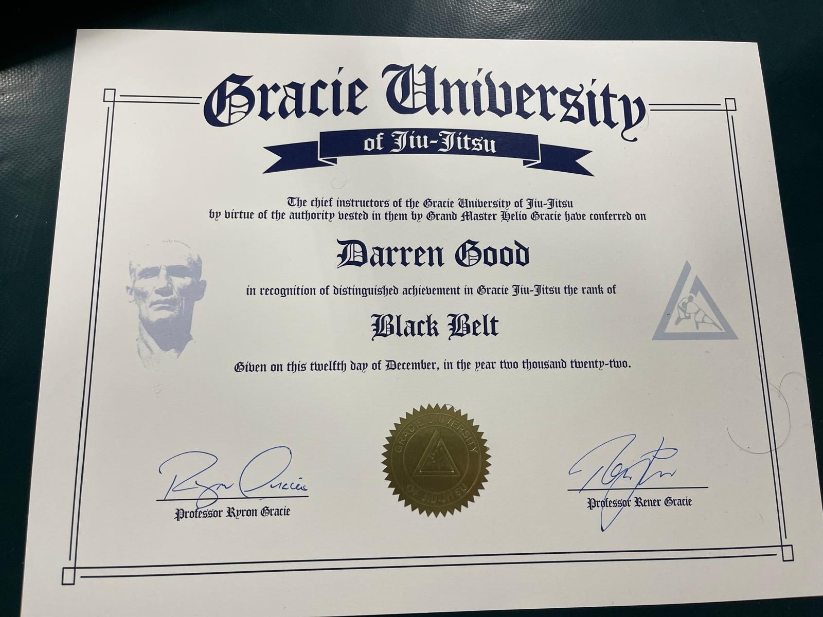 Darren Good Gracie University Black Belt Certificate